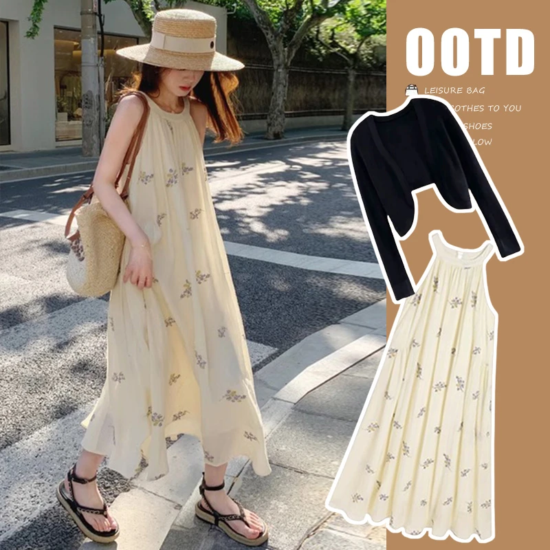 孕妇2025夏季甜美温柔风挂脖连衣裙女防晒针织开衫露肩无袖碎花裙