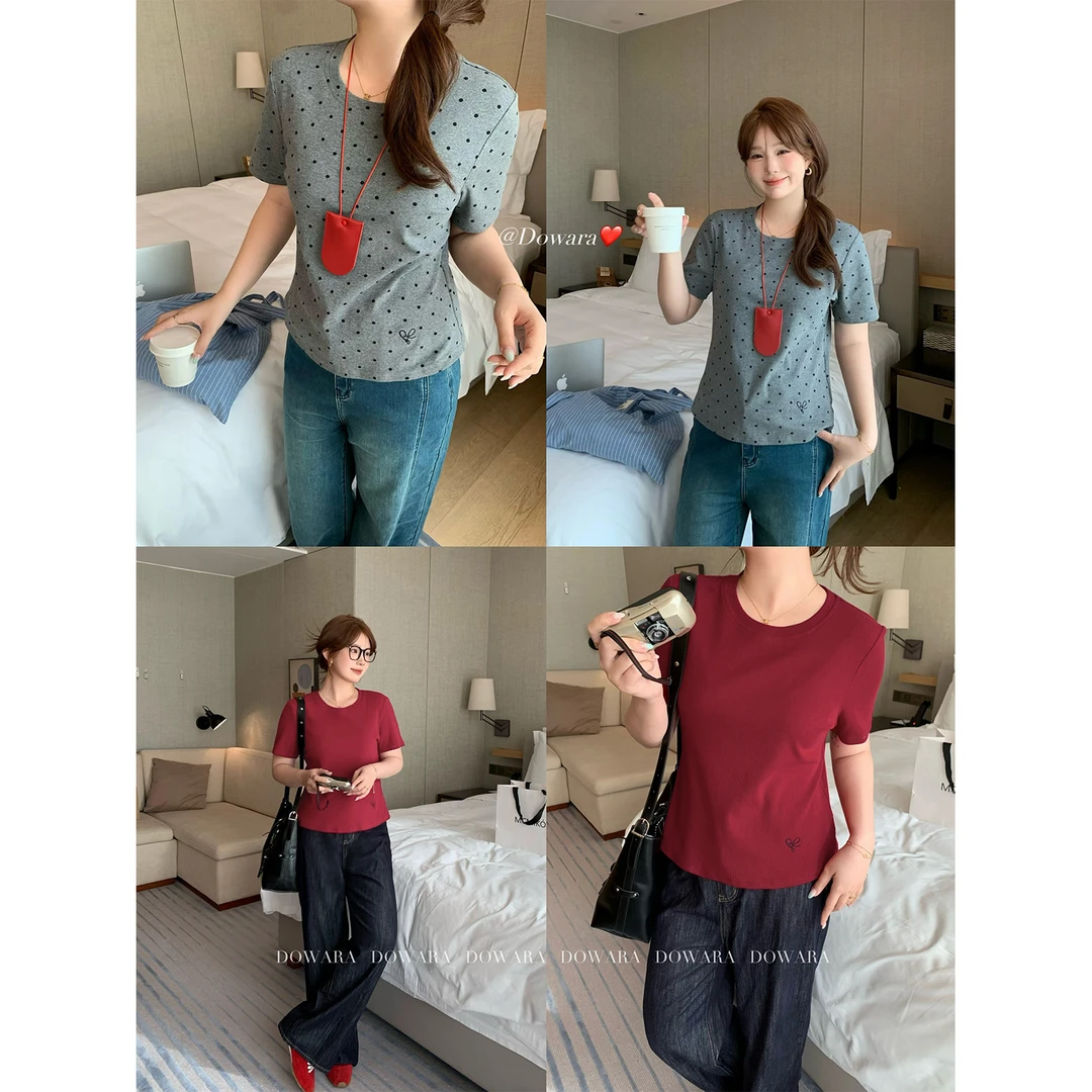 现货7893D大婉酱微胖定制韩系设计感短袖T恤2025正肩百搭显瘦上衣