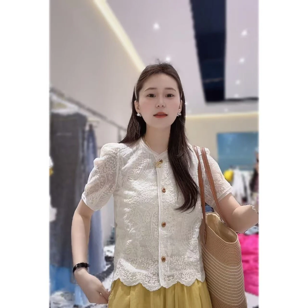 【三懿服饰】夏季新款重工刺绣双层设计感短袖蕾丝衫-3232