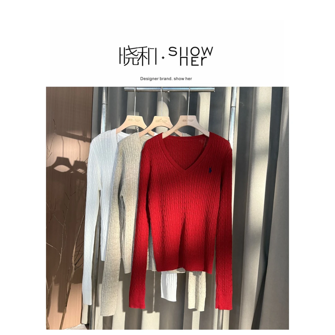 SHOW HER【小马V领】25早秋V领小马刺绣常规绞花针织衫长袖气质女