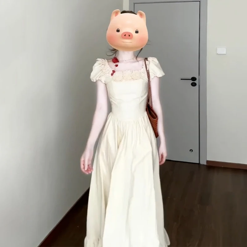 温柔风法式方领泡泡袖连衣裙女夏季新款高级感收腰气质鱼尾长裙子