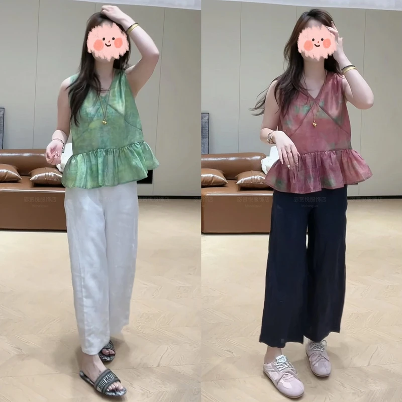 夏季新款法式V领洋气宽松无袖复古时尚上衣设计感百搭阔腿裤套装