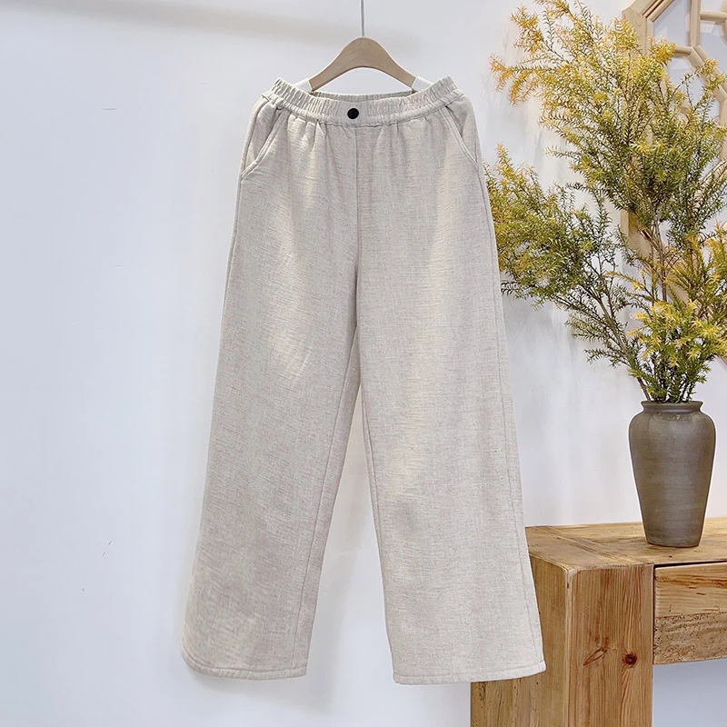 【百搭裤】冬季加绒苎麻百搭加厚显瘦简约休闲直筒裤长裤 51374