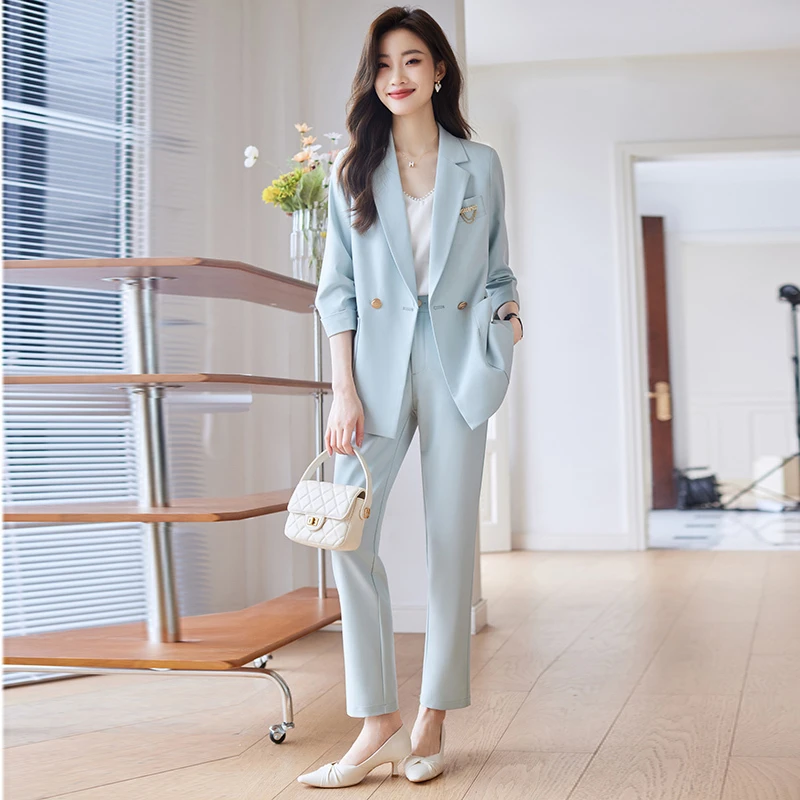 蓝色西装套装女2025新款夏薄款休闲小个子职业正装西装外套女款