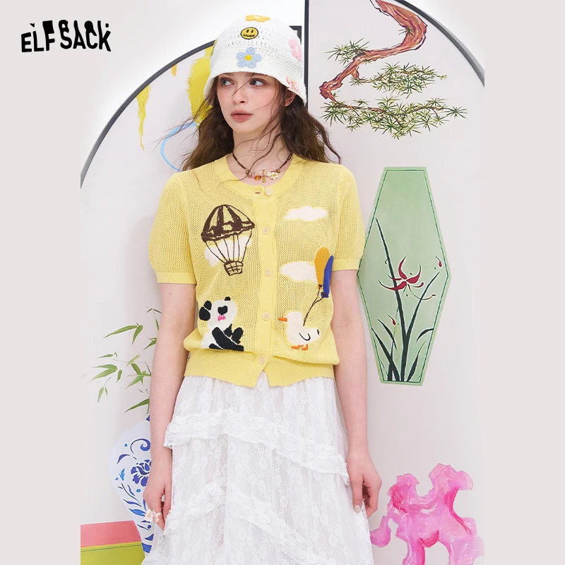 【程钱钱】妖精的口袋卡通提花镂空短袖针织衫女休闲减龄开衫