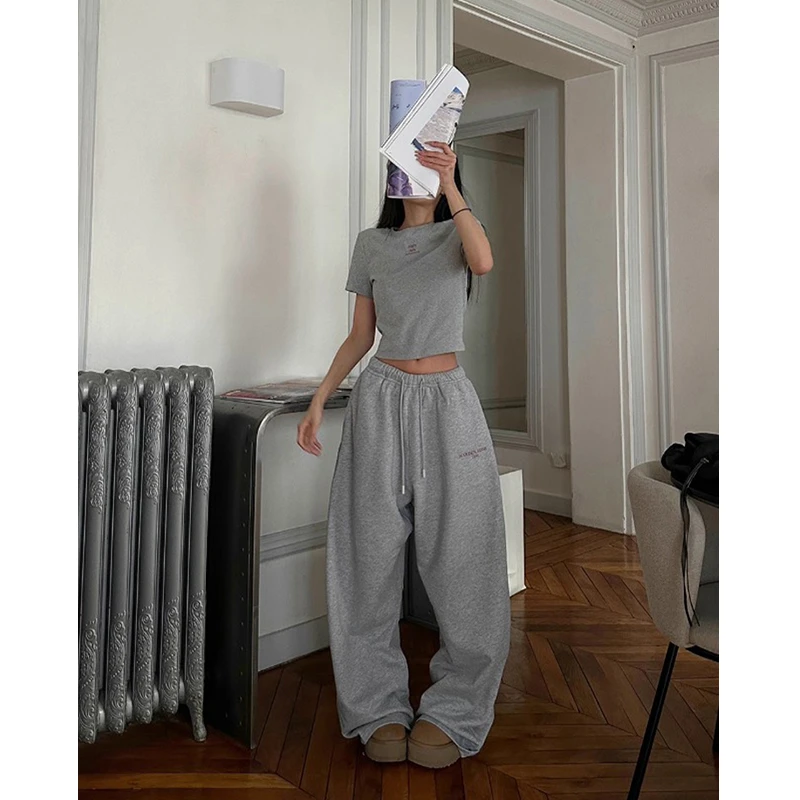 Two Million/休闲玩家套装 灰色正肩短袖T恤垂感阔腿卫裤两件套
