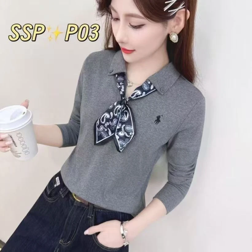丝巾领长袖T恤设计秋季新款英伦时尚简约洋气百搭上衣翻领女29