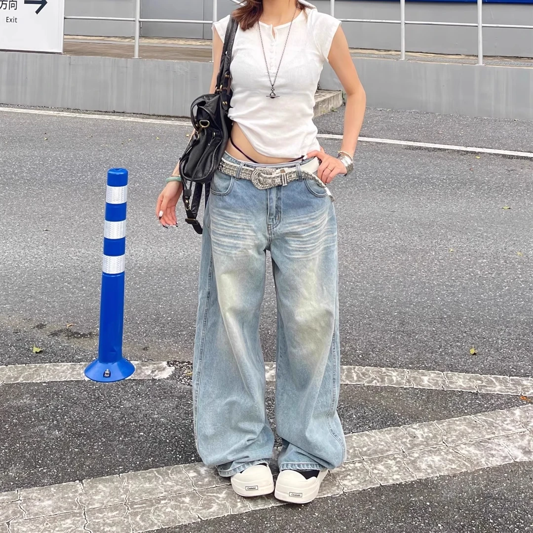 花乐集美式折痕做旧水洗牛仔裤女复古拖地宽松直筒字母刺绣阔腿裤