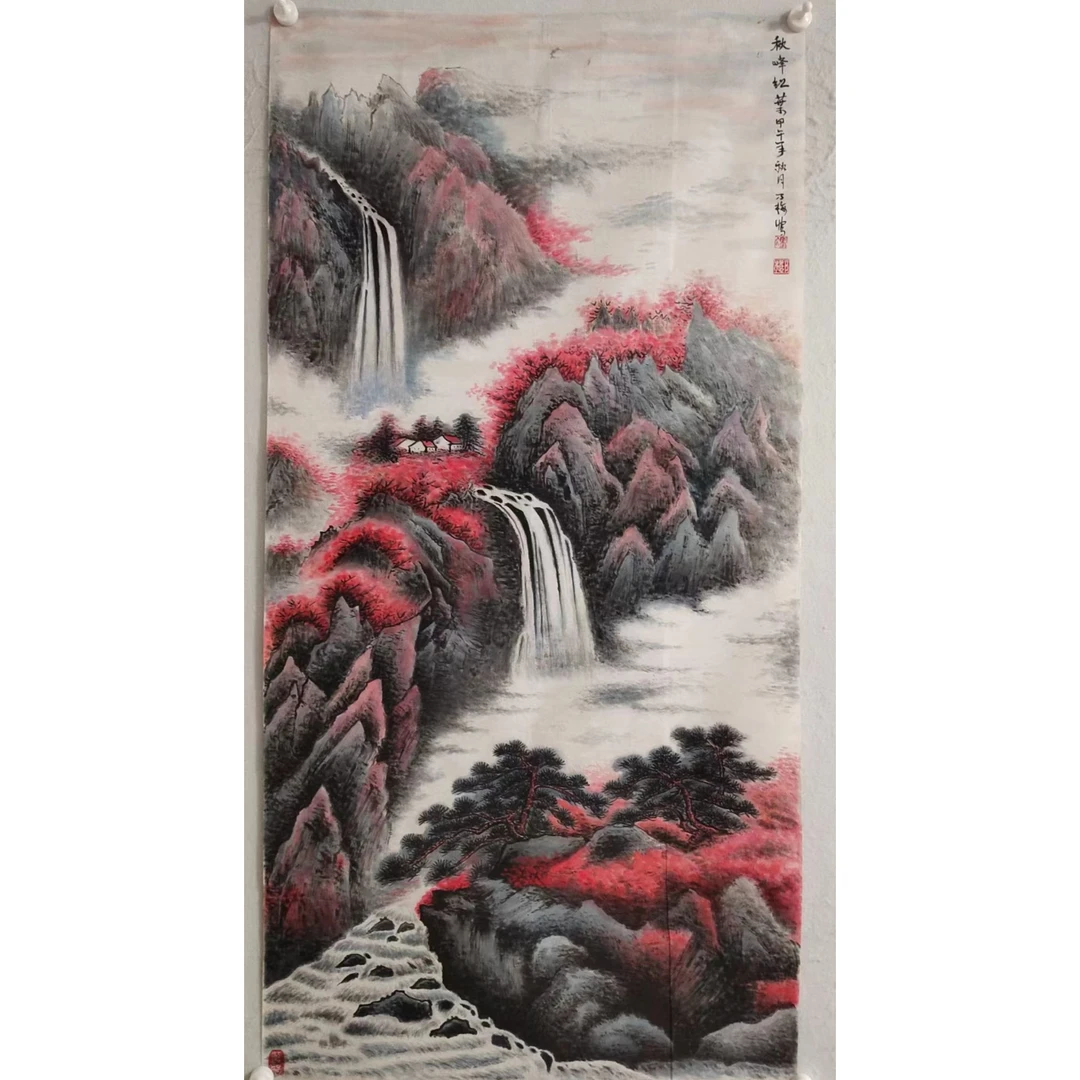 1823纯手绘山水画《秋风红叶》中堂  尺寸 137×68