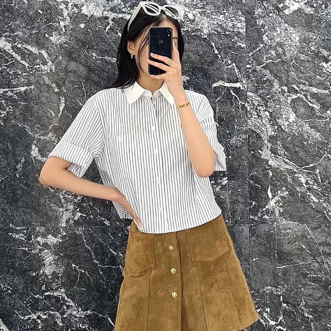 99新 Celine/思琳 A100853/条纹凯旋门刺绣短袖/36码