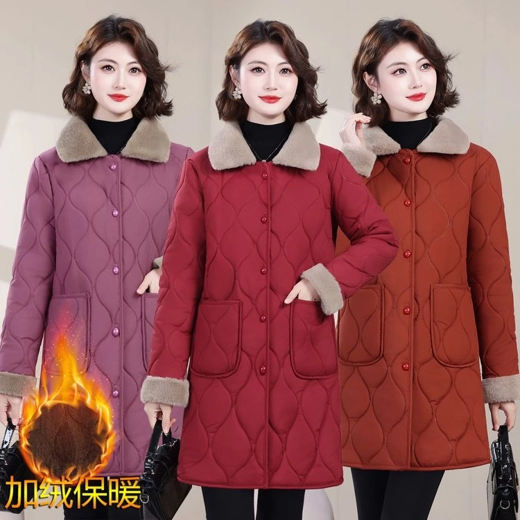 冬季新款中老年妈妈加绒加厚中长款翻领保暖纯色棉衣外套