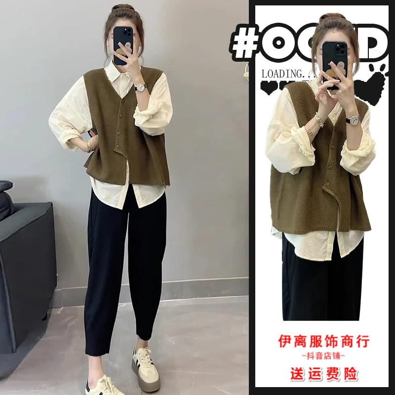 盐系轻熟三件套装女气质咖色马甲polo领长袖衬衫高腰显瘦休闲裤潮