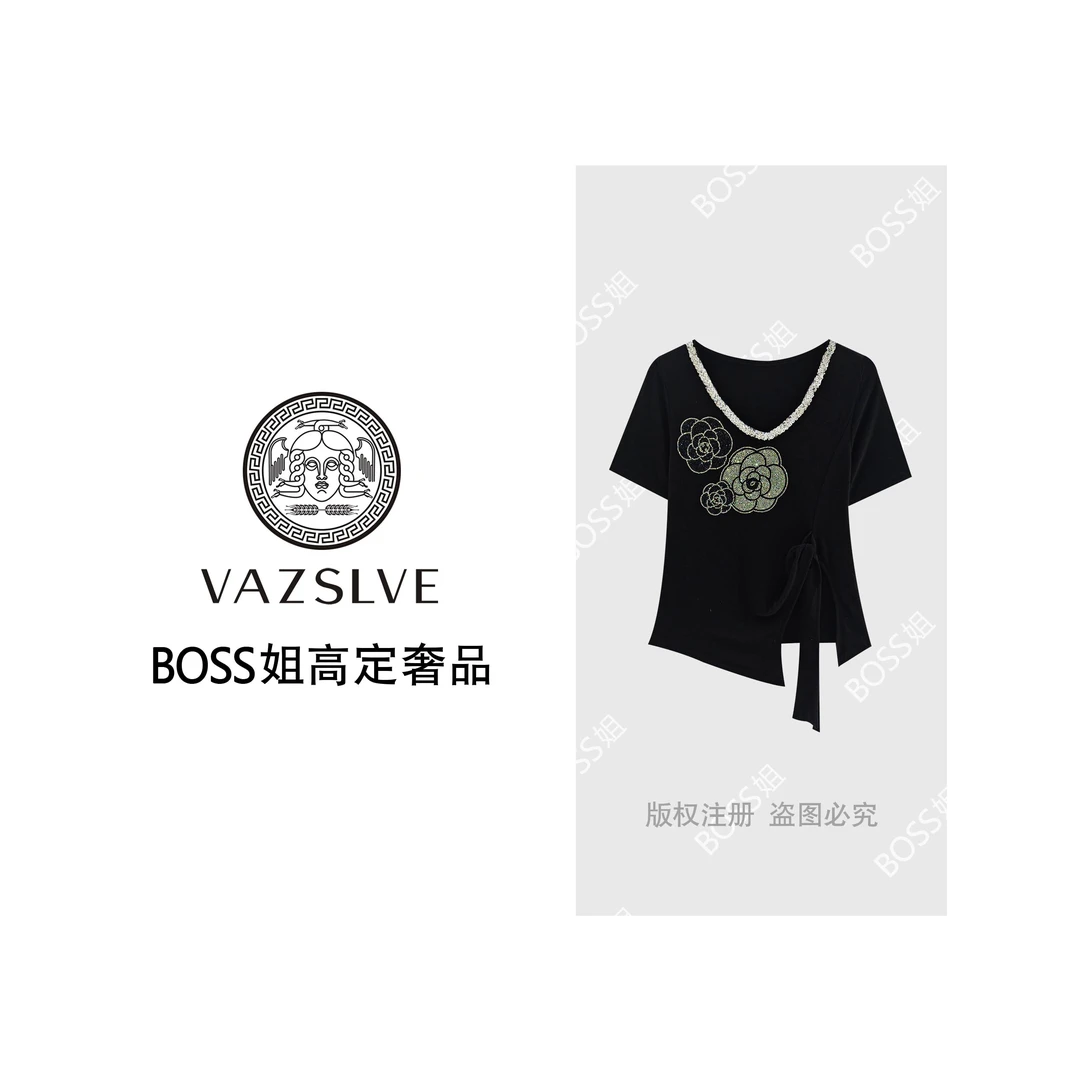【VAZSLVE/原创设计】重工烫钻山茶花设计感短袖T恤T2031