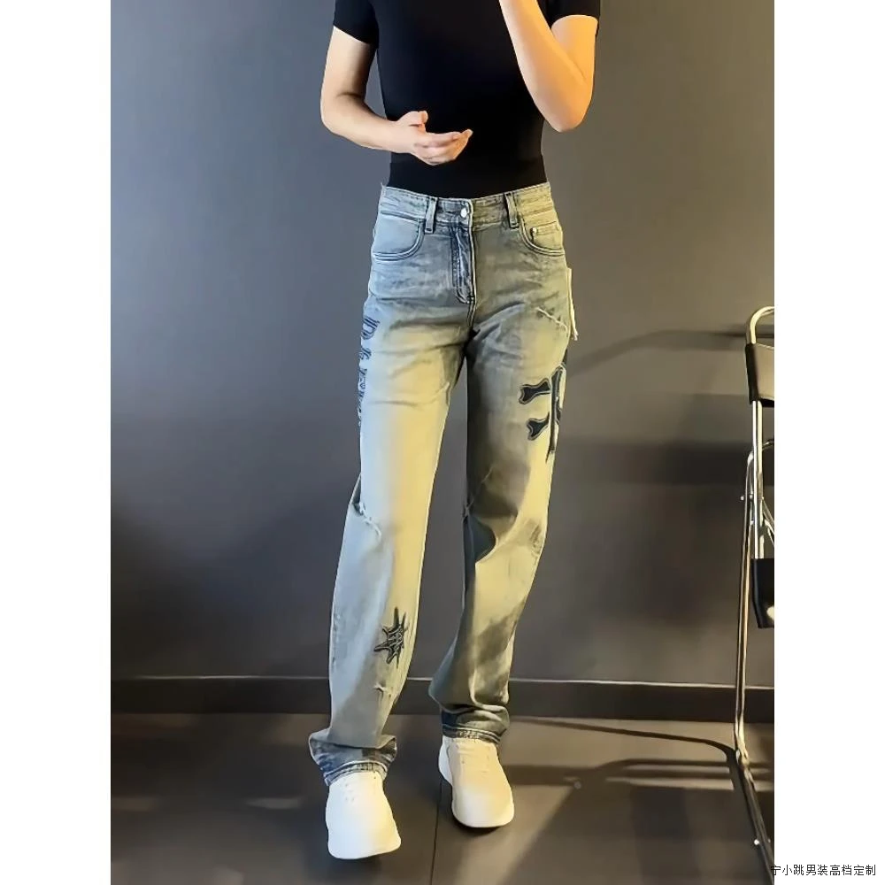 时尚大码男士欧货新款潮流感轻奢男装牛仔裤宽松百搭具有高级感直