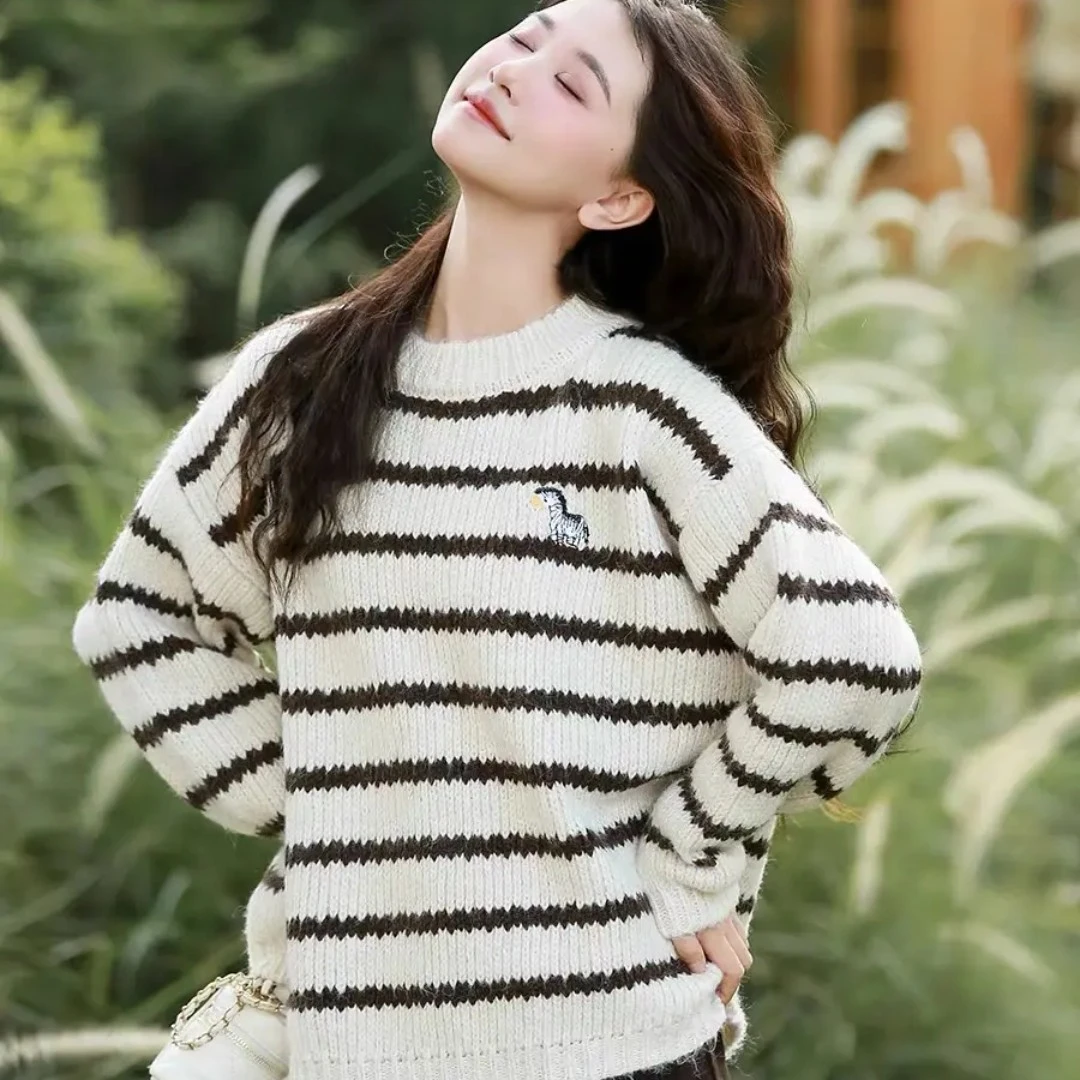 冬季圆领加厚毛衣宽松慵懒风针织条纹秋冬毛针织衫