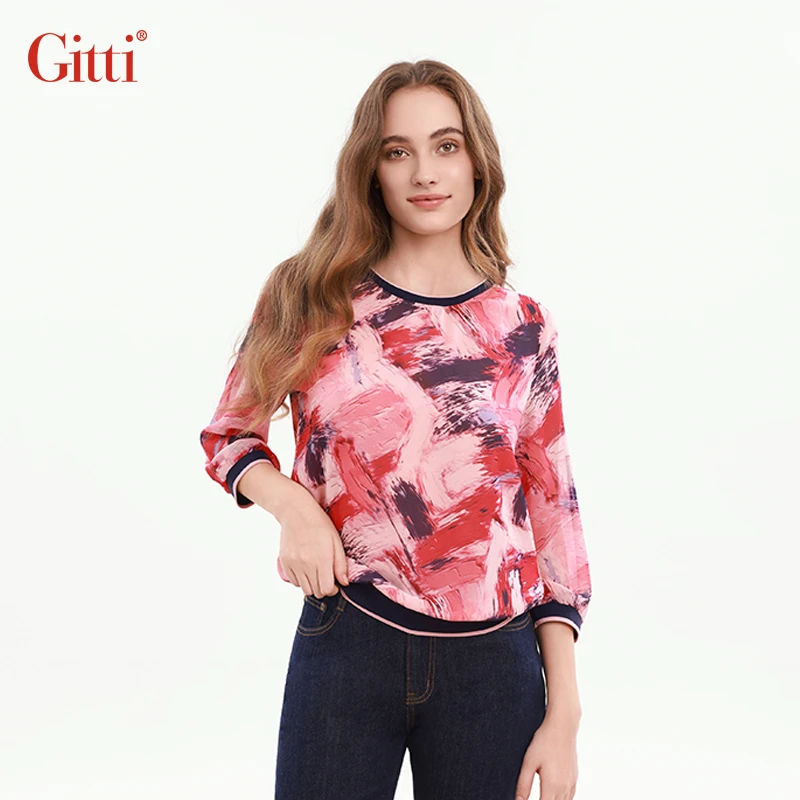 Gitti/吉蒂印花七分袖T恤女宽松大码罗纹拼接圆领中袖上衣G255031