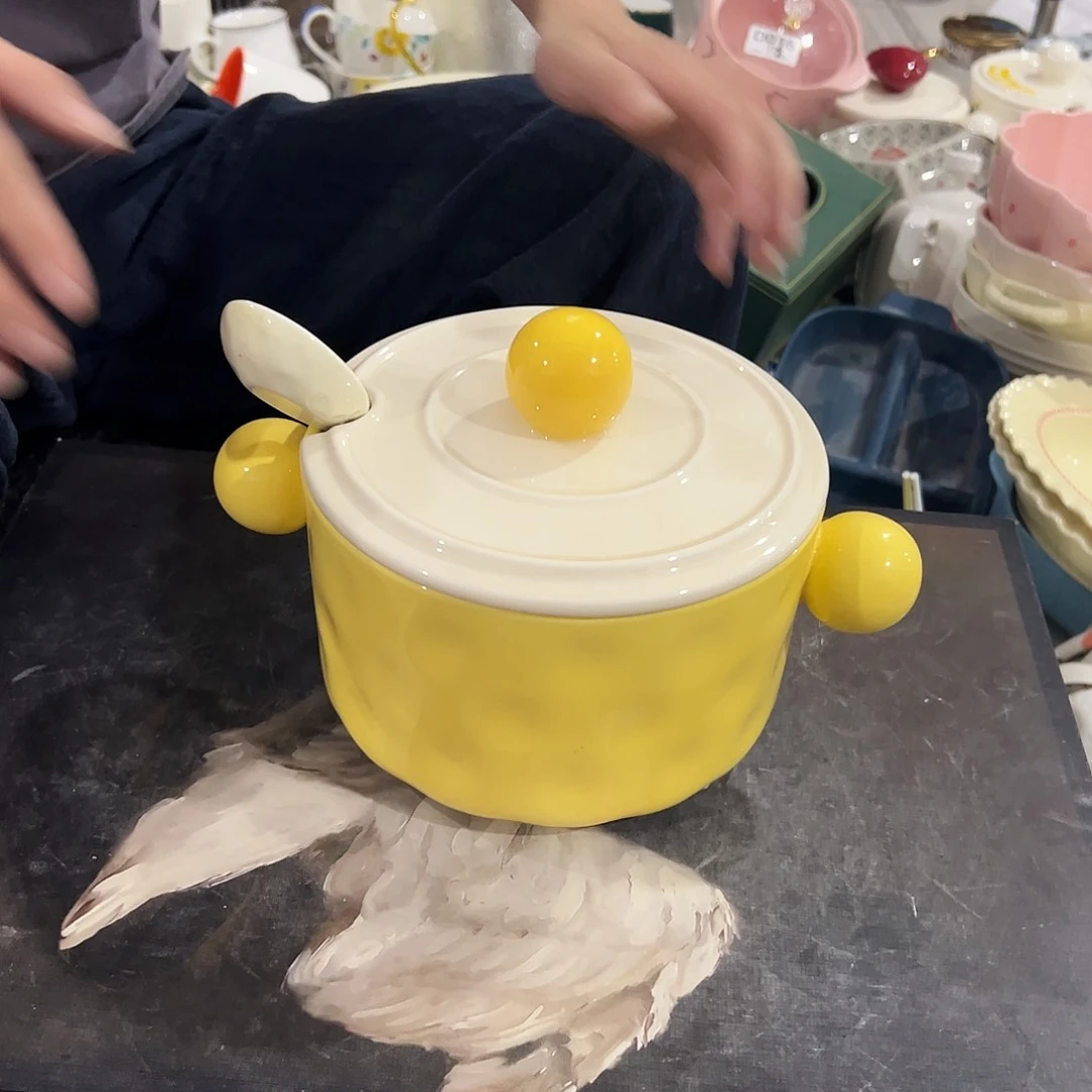 瓷片黄色1200毫升猪油罐微瑕