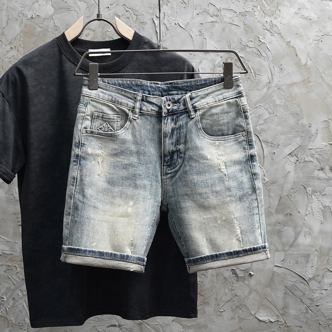 复古蓝破洞牛仔短裤男美式高街修身小脚弹力百搭夏季薄款四五分裤