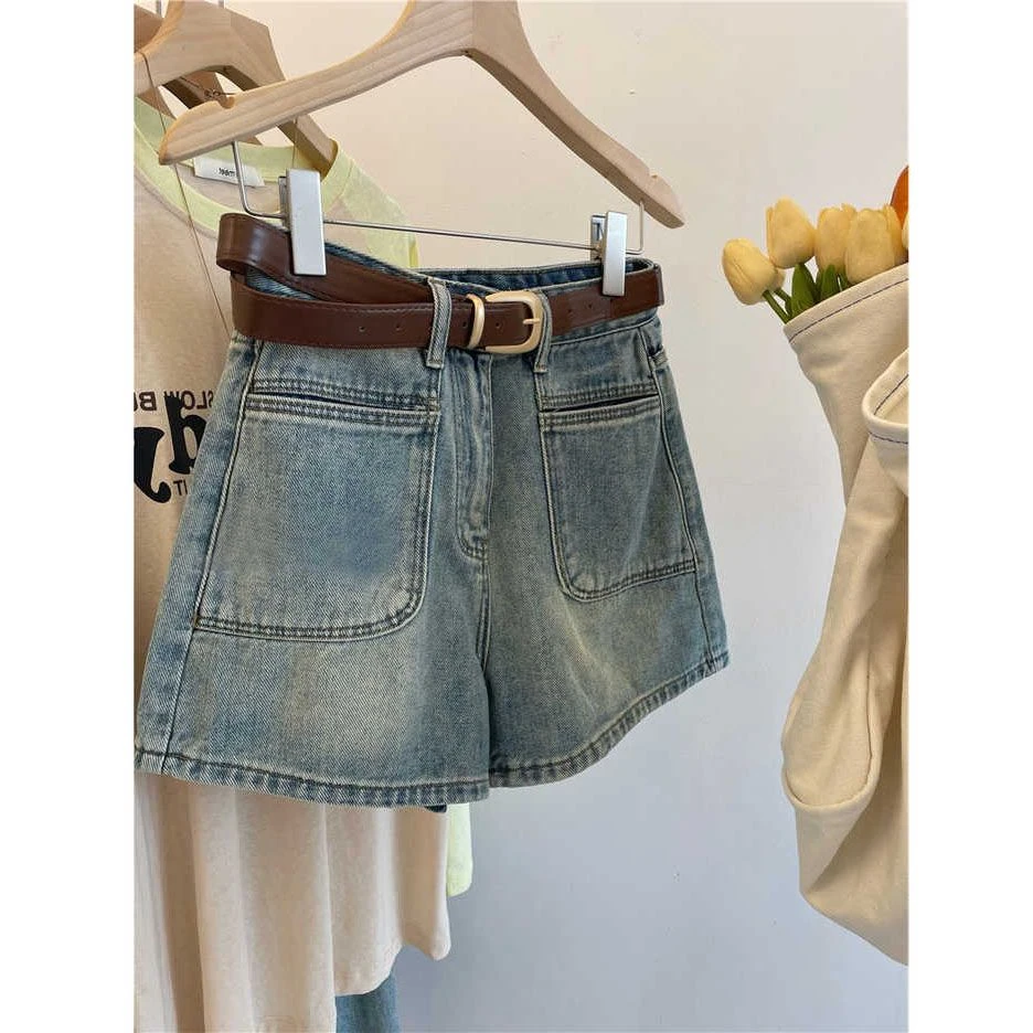 春夏清凉刺绣标高腰牛仔短裤宽松显瘦阔腿热裤时尚百搭夏季A字裙