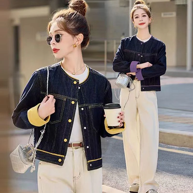 时尚别致秋季牛仔短外套女春秋2025新款超火减龄撞色圆领夹克上衣