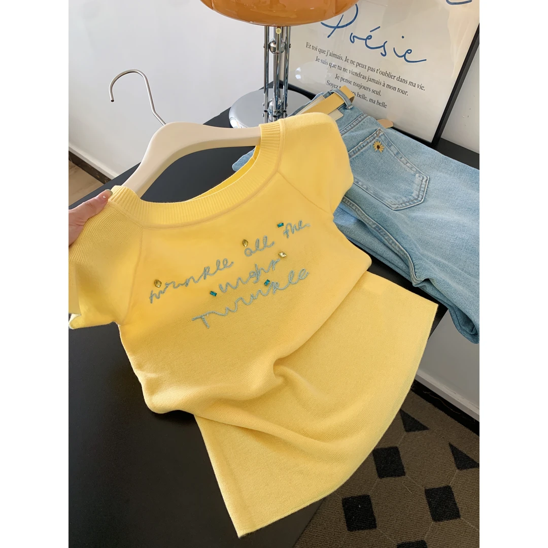 可露丽黄色针织短袖上衣女2025年夏季新款设计感小众独特别致上衣