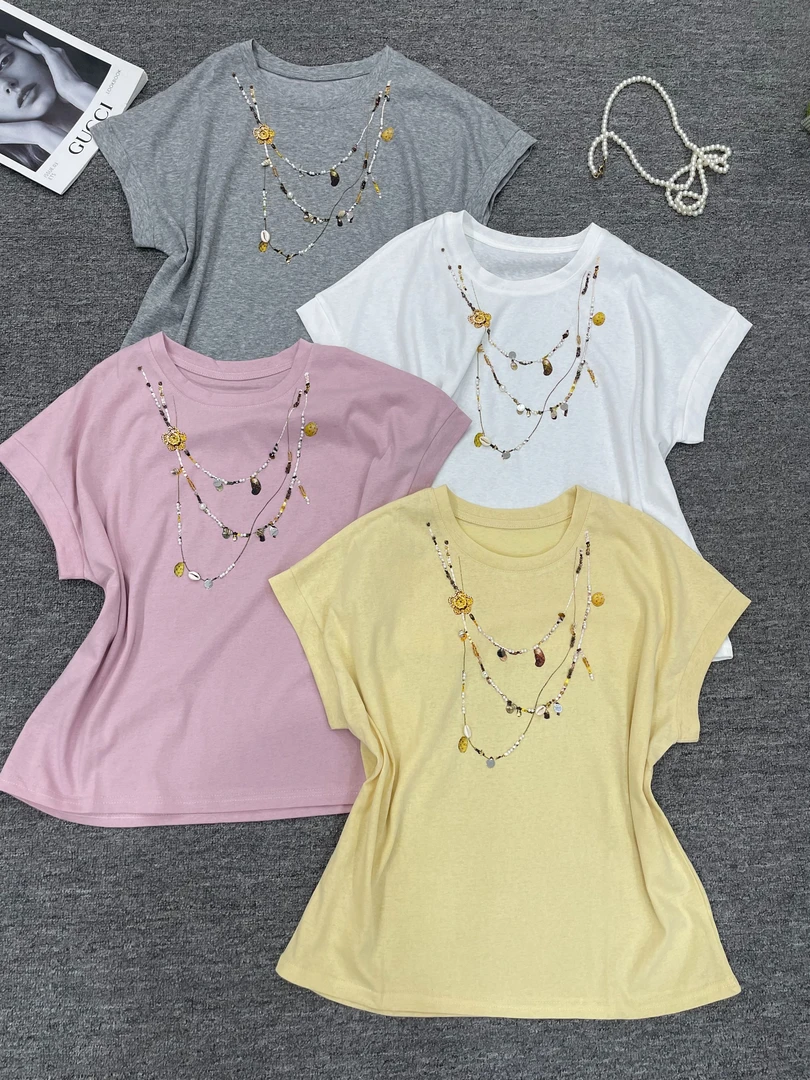 【钰姐精选】6596-钉珠波西米亚设计感漂亮独特短袖T恤夏季韩版洋气