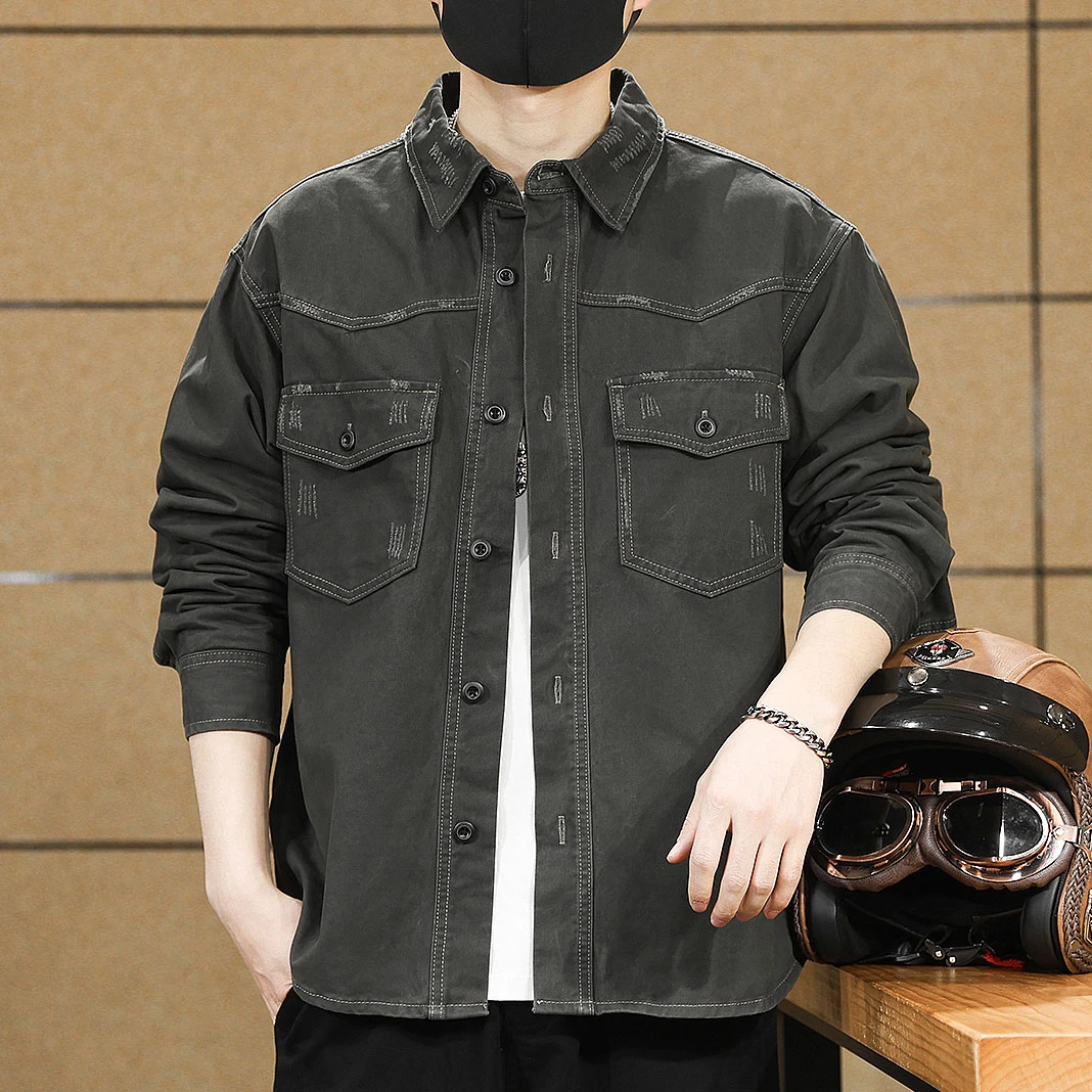 淘京贝重磅纯棉水洗日系复古工装衬衫男士春秋长袖寸衬衣外套潮牌