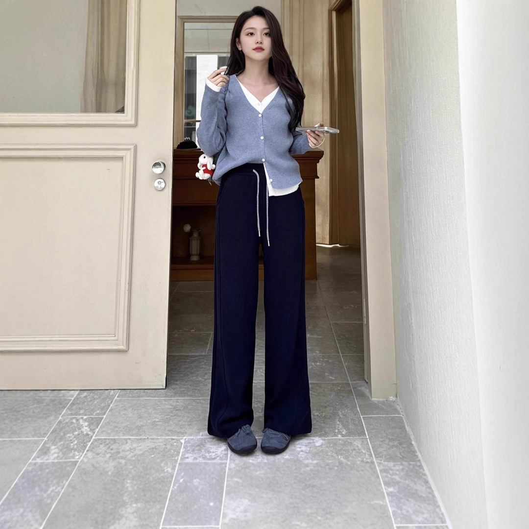 新秋冬糯米羊绒休闲裤宽松松紧腰显瘦裤软糯毛呢小弯刀阔腿长裤女