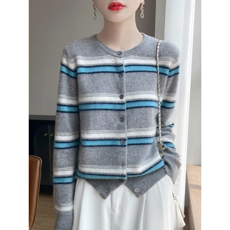 100%羊毛秋冬撞色条纹通勤针织开衫D280