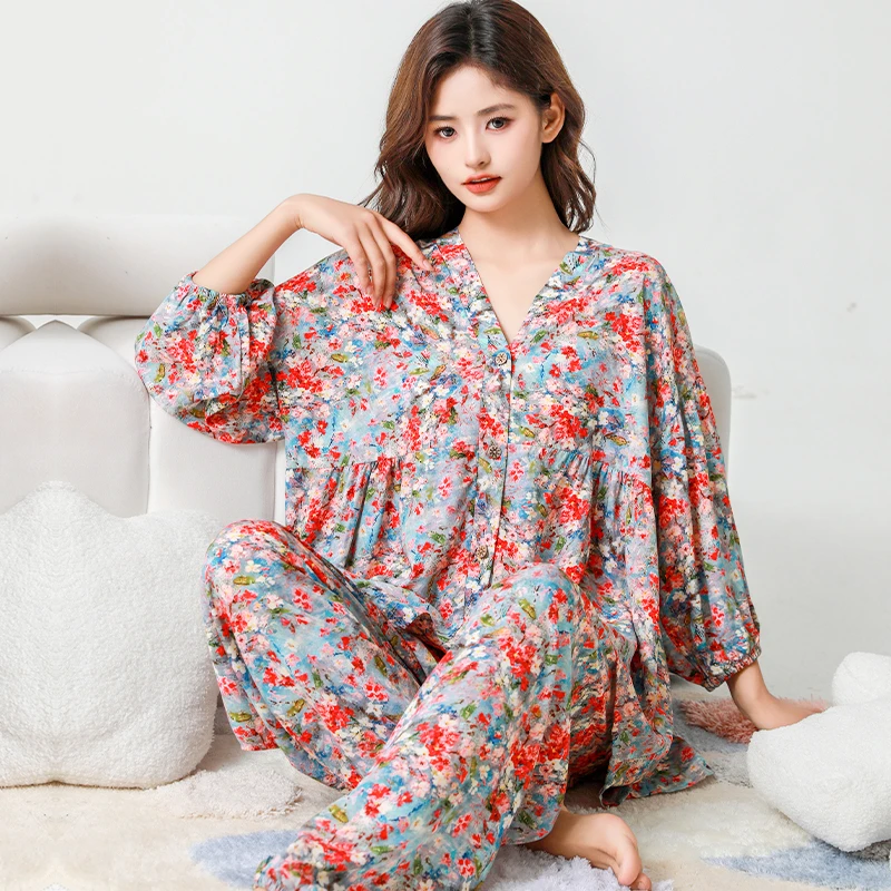 棉绸睡衣女春秋薄款宽松大码七分袖长裤灯笼袖套装家居可外穿开衫