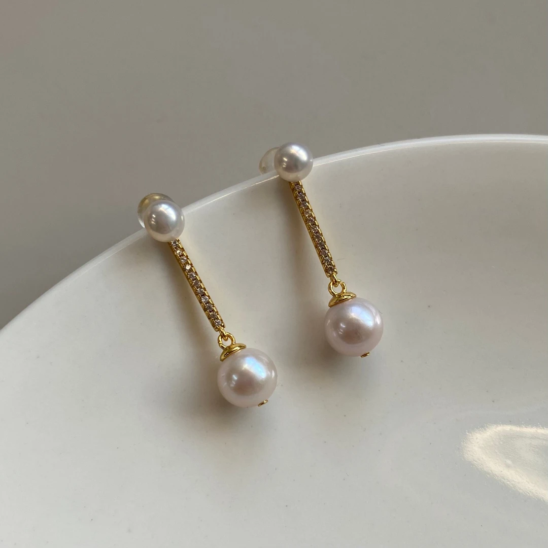 珍氏珠宝天然淡水珍珠耳钉女典雅双珠轻奢温柔长款耳坠耳饰（长空）