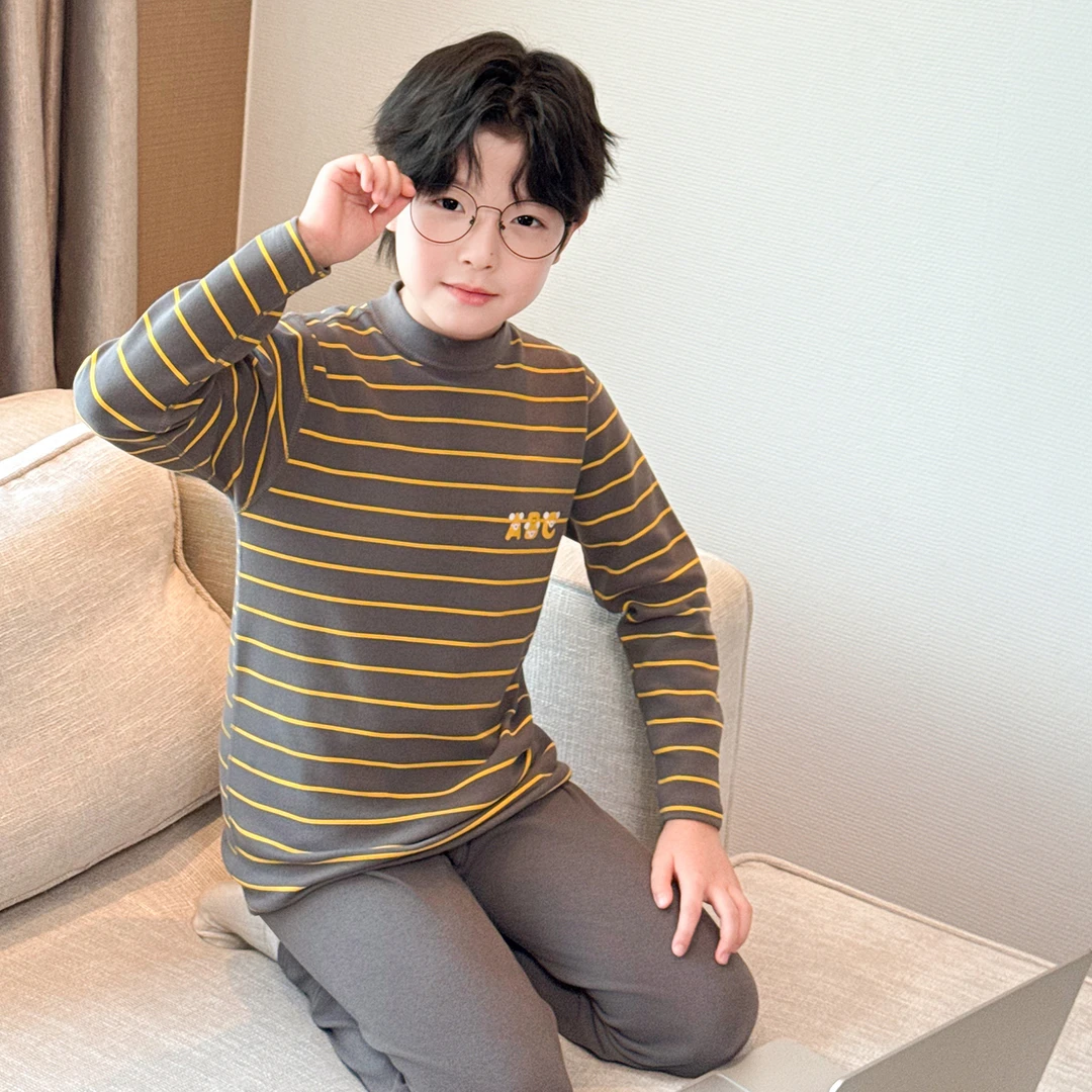 男童条纹半高领德绒秋衣秋裤秋冬款儿童亲肤无骨保暖衣套装中大童