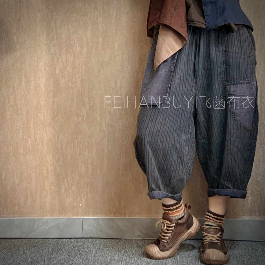 BY88423复古炒色做旧麻棉条纹撞色八分休闲裤（裤长82 臀围140）