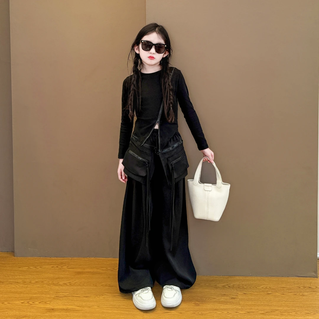 女童2025新款美式多拉链工装宽松拖地裤休闲时尚斜拉链卫衣套装潮