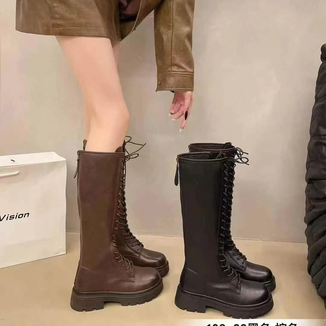 冬新款韩版粗跟复古时髦小众高级感显瘦长筒靴109-22(加绒)