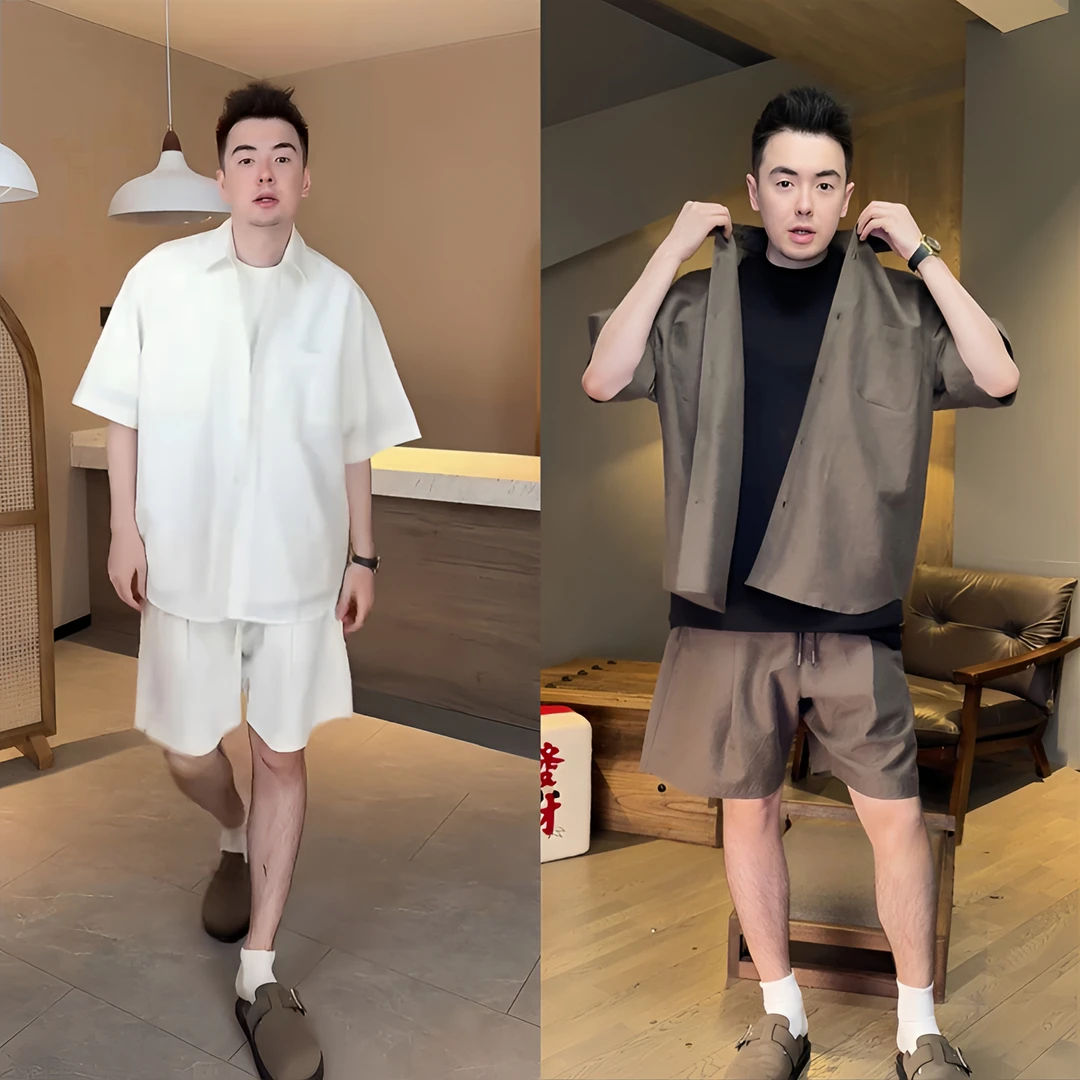 男士凉感莱赛尔棉麻时尚短袖休闲短裤轻奢痞帅轻奢痞帅男装套装