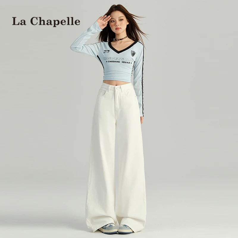 拉夏贝尔白色直筒牛仔裤女秋季2025新款小个子宽松拖地休闲阔腿裤