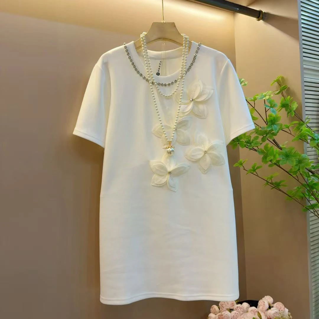 轻奢圆领时尚钉珠气质欧洲站拼接花朵设计感显瘦长衫（长77左右）