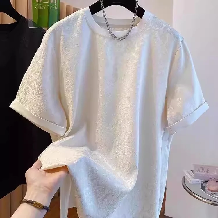 仓石一树新中式国潮暗纹提花短袖t恤男女装夏季宽松下摆开叉上衣