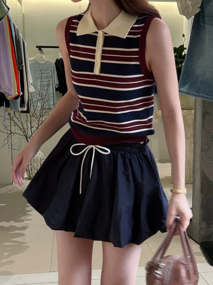 2025夏季翻领条纹撞色无袖背心