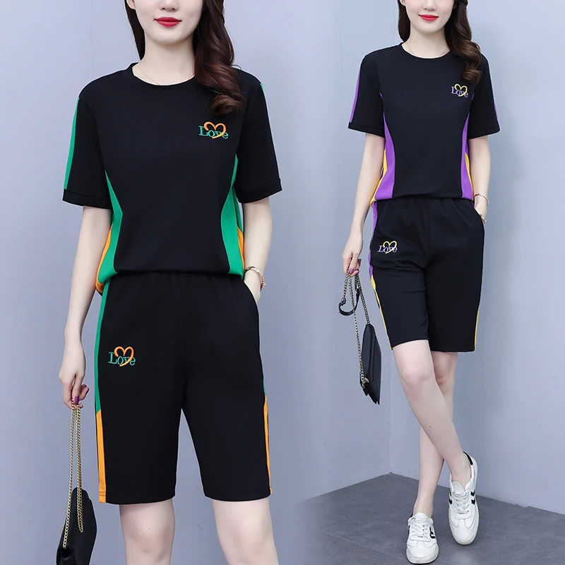2025夏季新款大码女装休闲运动套装时尚减龄刺绣短袖短裤两件套