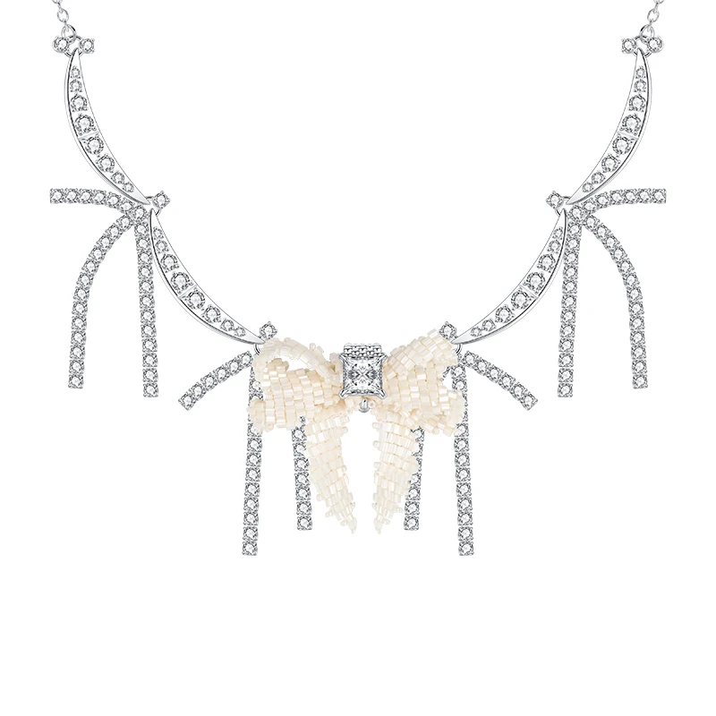 YVMIN/尤目 非金属合成锆石吊坠 月牙扣流苏编织蝴蝶结项链