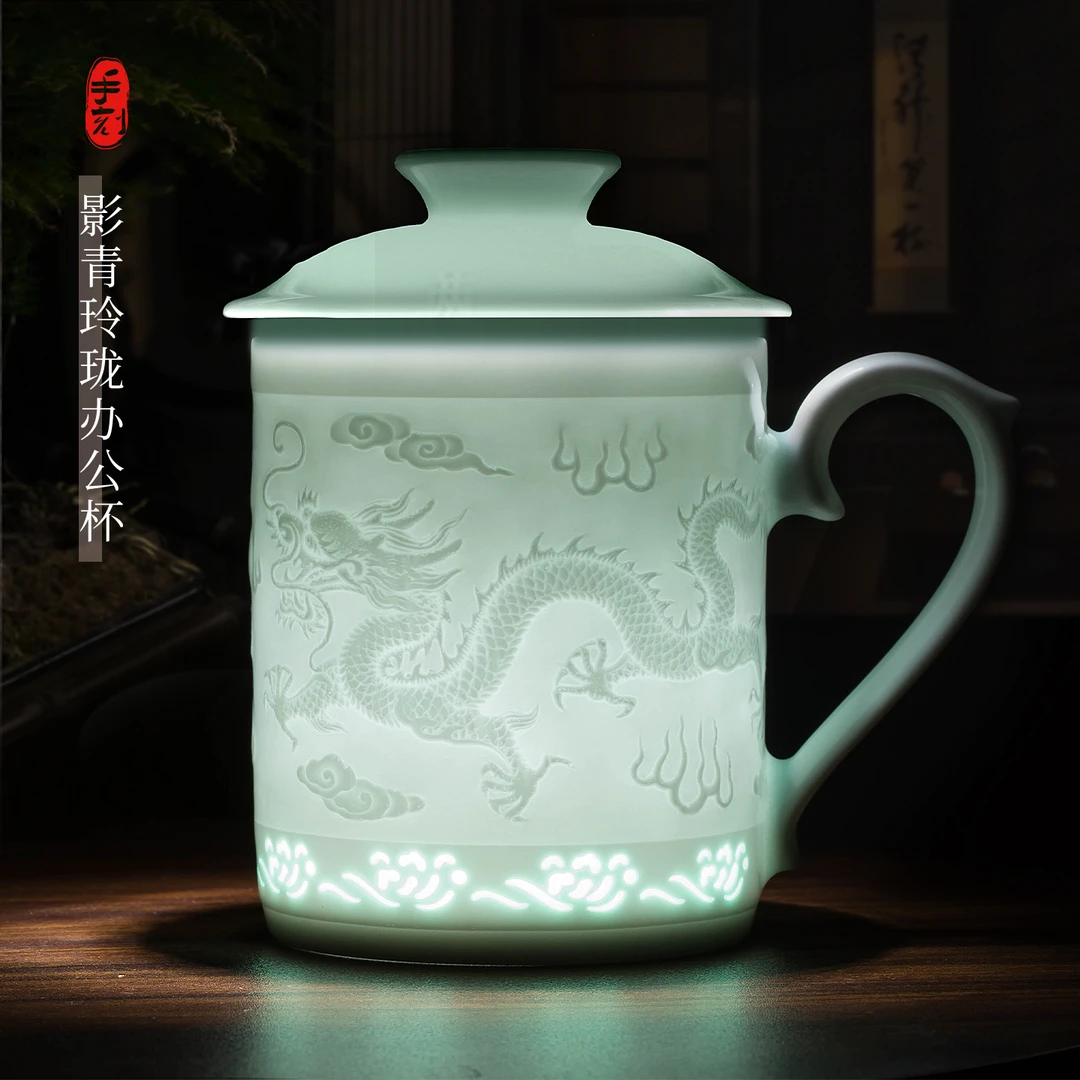 景德镇影青浮雕陶瓷茶杯高端玲珑办公杯茶水分离个人专用泡茶送礼