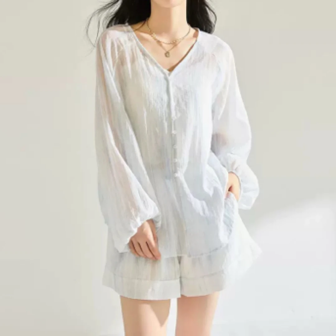 夏季女款防晒灯笼袖上衣搭配裤子背心时尚套装123