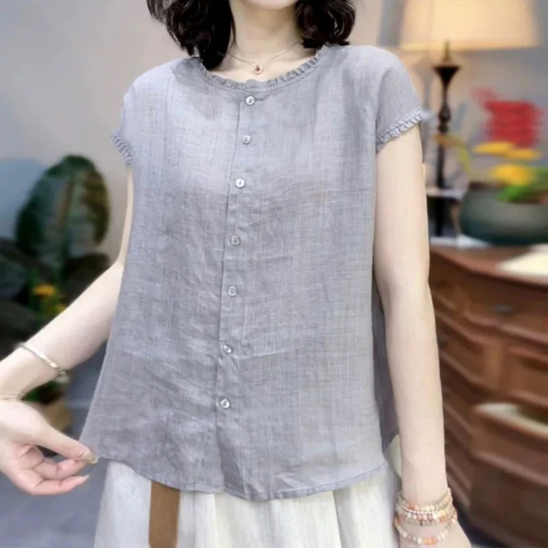 韩版简约时尚单排扣衬衫女士夏季新款设计感小众百搭显瘦短袖上衣