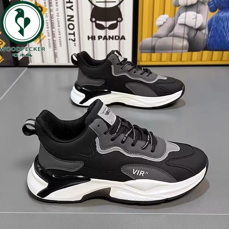 正品啄木鸟秋季新款透气皮面鞋男士运动韩版百搭小白内增高老爹鞋