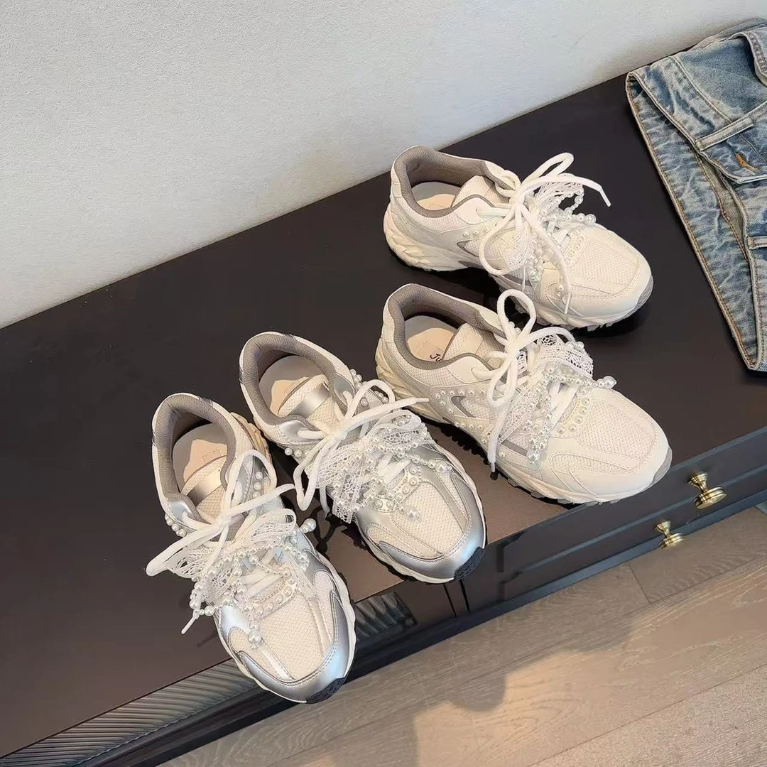 【欧货】2025春季拼色做旧运动蝴蝶结珍珠老爹鞋厚底休闲鞋 8682-6