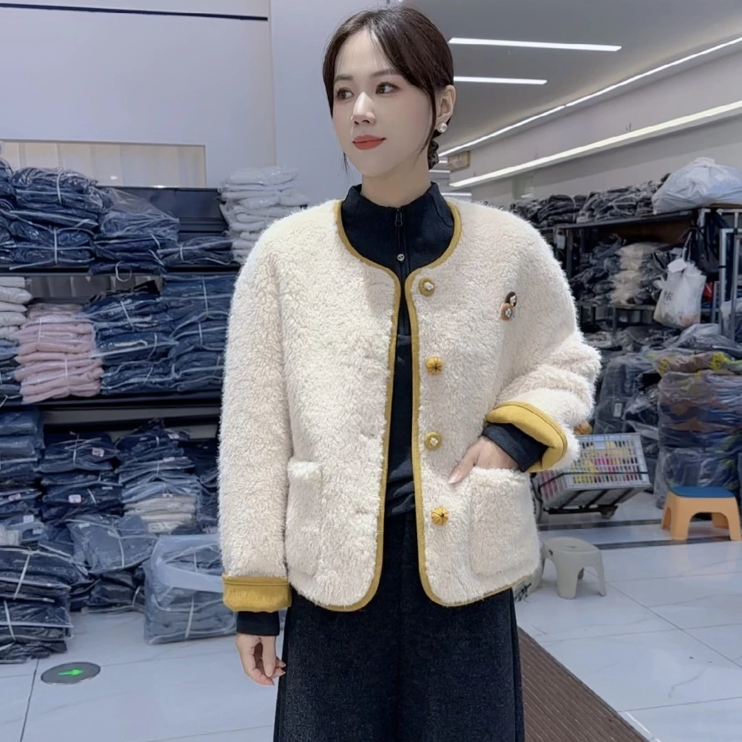 韩版宽松体校百搭圆领长袖短外套女时尚撞色皮毛一体宽松短款上衣