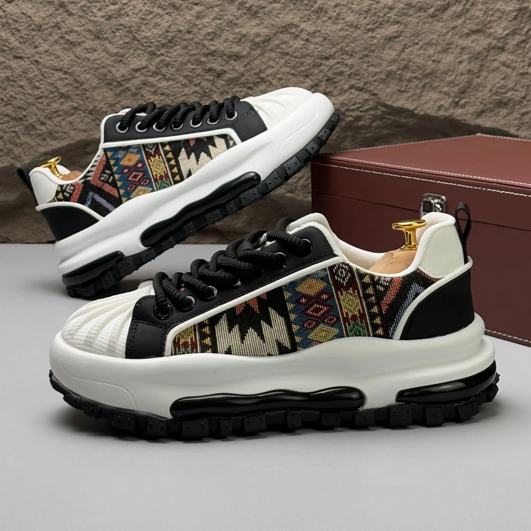 欧洲站男鞋2025年新款时尚透气贝壳头运动休闲鞋印花刺绣软底增高