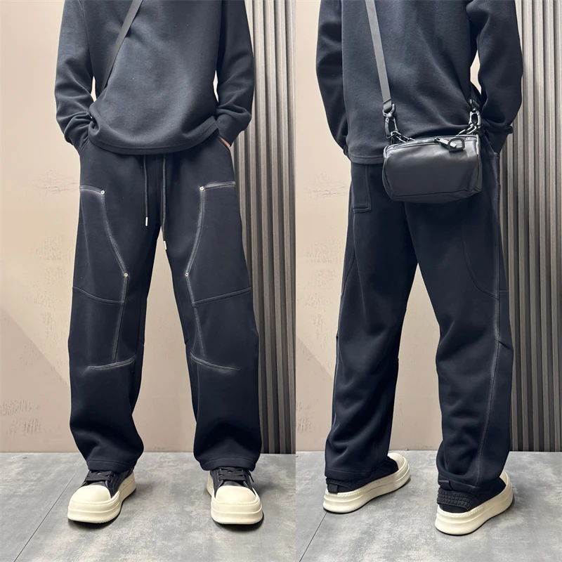 秋冬潮流做旧设计感加绒加厚垂感宽松弯刀休闲裤男痞帅宽松长裤